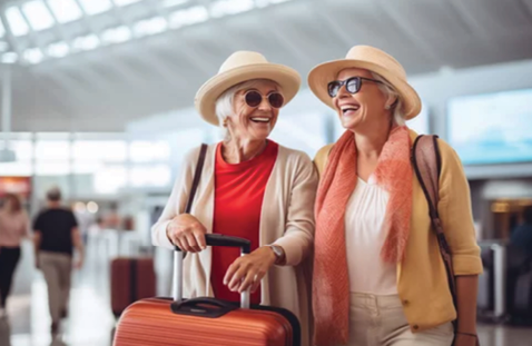 Two women wearing hats and carrying luggage in an airport. AI generated content