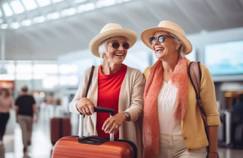 Two women wearing hats and carrying luggage in an airport. AI generated content