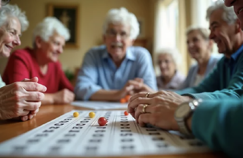 A group of elderly people are sitting around a table playing a game. AI generated content