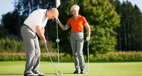 A man and woman are playing golf on a course. The woman is holding a golf club and the man is holding a flag. AI generated content